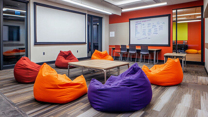 Informal meeting areas with soft seating such as bean bags and casual chairs, complemented by small tables, whiteboards, or digital screens for brainstorming. Ideal for creative workspaces.