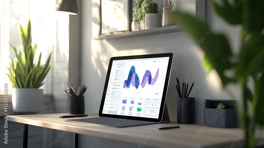 Poster a minimalist desk setup for remote work with a tablet displaying real-time brainstorming graphics, c