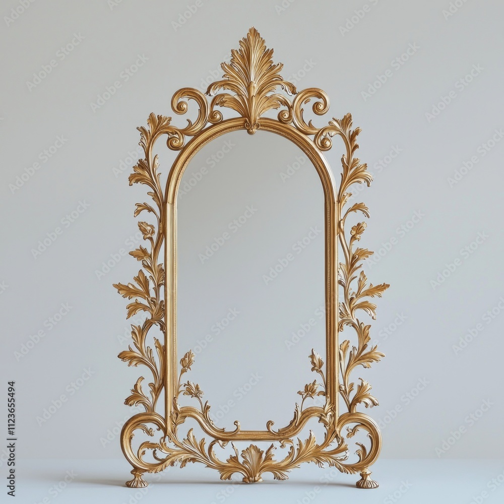 Poster displaying ornate baroque mirror plain white backdrop intricate gold frame features elaborate scroll
