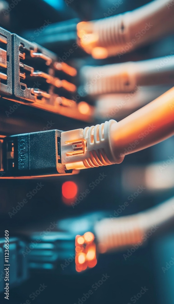 Poster detailed close up of network cables connected to a device for technical support visualization