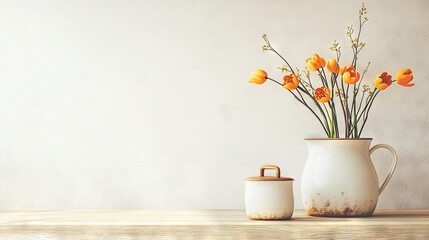   A white vase holds yellow flowers, while a smaller orange-filled vase sits atop a wooden table