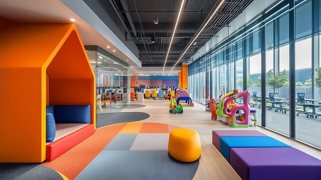 A modern office interior promoting work-life integration, with spaces dedicated to on-site childcare, fitness areas, and zones for flexible 