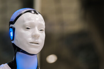 Close-up of a futuristic humanoid robot showcasing advanced robotics technology and cybernetic...