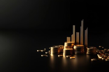 Minimalistic 3d icon of gold coins with upward arrow and bar graph on black background