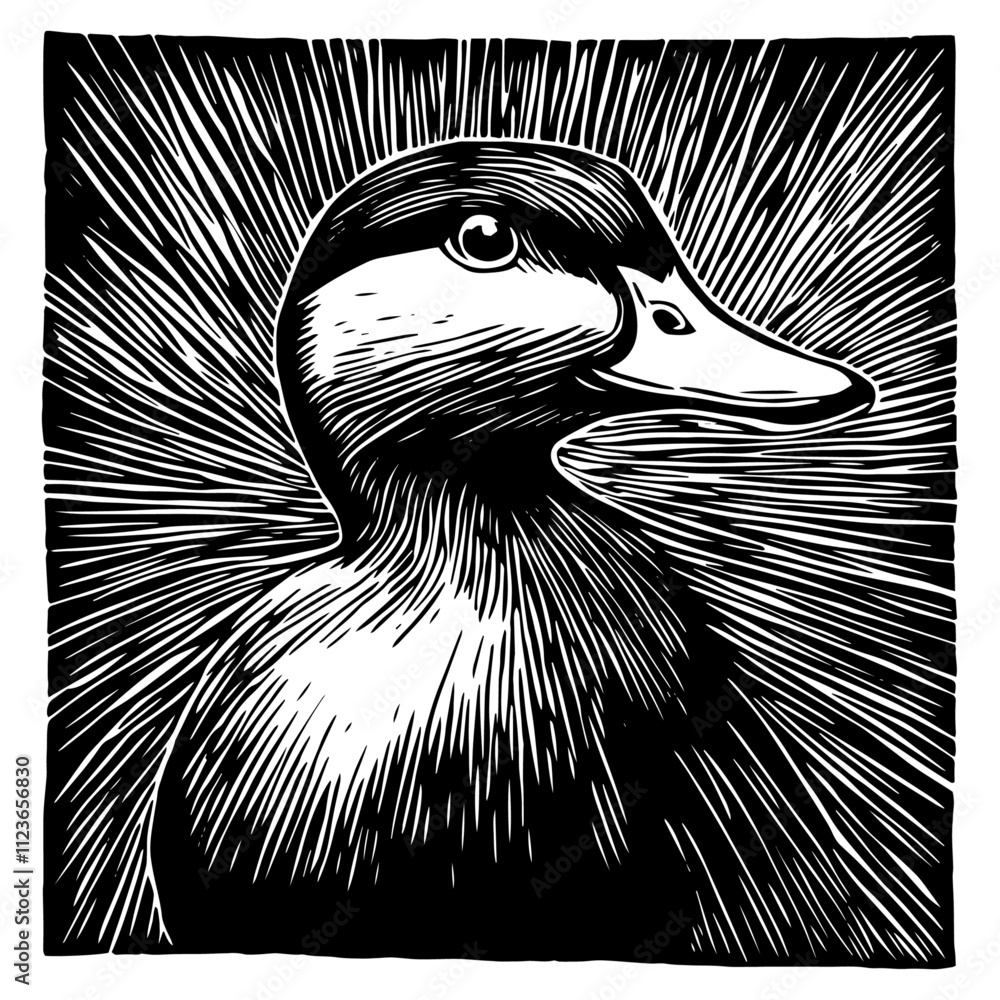 Wall mural black and white duck illustration in woodcut style