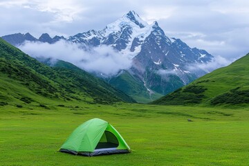 A tourist tent is set up on a lush green meadow, with mountain slopes and peaks serving as a backdrop under a blue sky dotted with clouds.