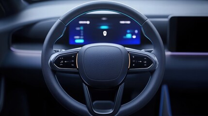 Obraz premium a futuristic steering wheel with integrated autopilot controls, glowing buttons