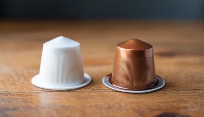 White and brown capsule for coffee machine. Espresso or cappuccino. Tasty drink. Close-up.