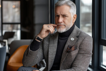 Stylish senior in a blazer, turtleneck, and pocket square, adjusting his watch while seated in a modern office.