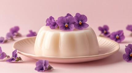 Elegant blancmange on a ceramic dish, topped with sugared violets, isolated on a soft pastel pink background
