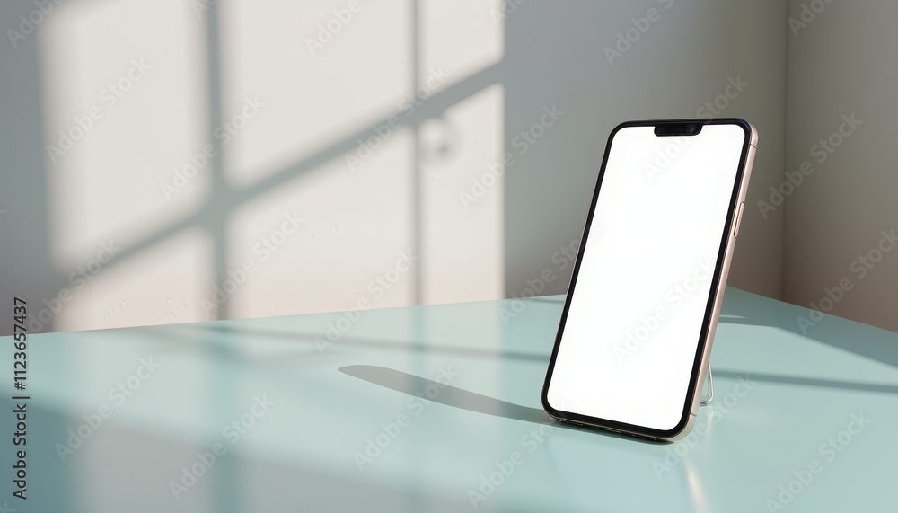 Poster modern smartphone stands on a minimalist table, capturing sunlight and creating intriguing shadows i