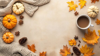 Fototapeta premium Top-down view of autumn essentials: coffee cup, warm scarf, small pumpkins, yellow maple leaves, pine cones, and anise on a beige background with room for text