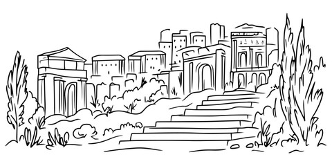decorative black vector of ancient ruins and nature scenery