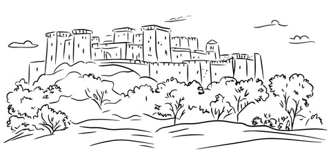 Obraz premium hand-drawn historic fortress with scenic countryside – black vector