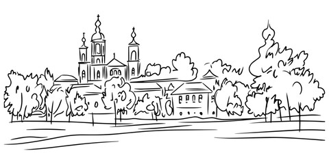 Obraz premium creative depiction of city landmarks with natural scenery – black vector