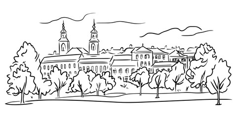 Fototapeta premium creative depiction of city landmarks with natural scenery – black vector