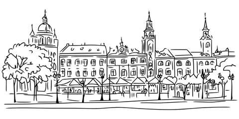 Fototapeta premium minimalist sketch of old town with trees – black vector