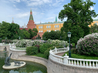 Moscow Kremlin view. Green garden near Kremlin and Red Square