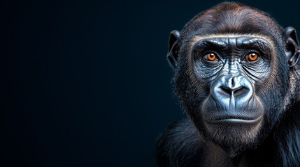 Obraz premium A formidable western lowland gorilla, a critically endangered species, gazes intently into the distance, its expressive eyes and furrowed brow conveying the gravity of the wild.