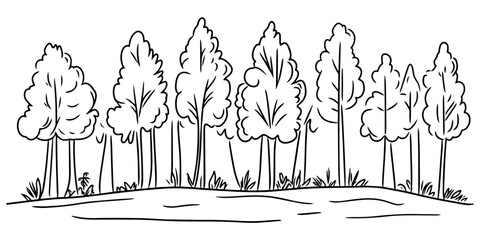 hand-drawn forest landscape with tall trees – black vector