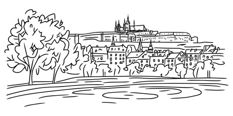 Fototapeta premium cityscape line art illustration with landmarks – black vector