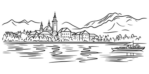 Fototapeta premium cityscape line art illustration with landmarks – black vector