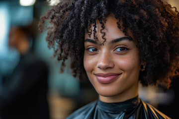 Obraz premium Smiling woman enjoys new afro hairstyle in a modern salon setting