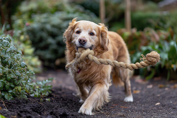A cheerful dog playing tug-of-war with a durable rope toy in an outdoor garden.