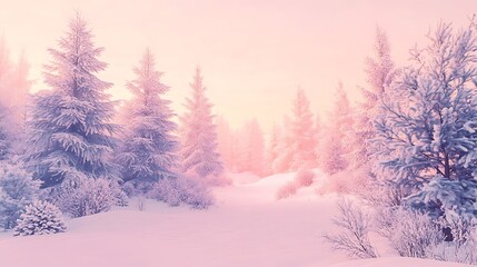 A tranquil winter landscape featuring snow-covered trees under the warm glow of a soft pink sunrise, creating a serene and picturesque scene