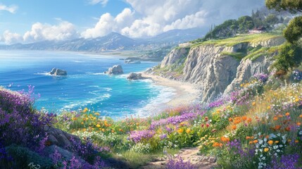 Vibrant coastal wildflowers bloom on a sunny cliffside overlooking a tranquil ocean cove.