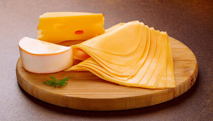 Ser ż&oacute;łty  w plastrach na desce. Przekąski na śniadanie