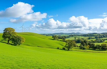 The scenic hills and fields of Scotland in the UK are adorned with wind turbines.