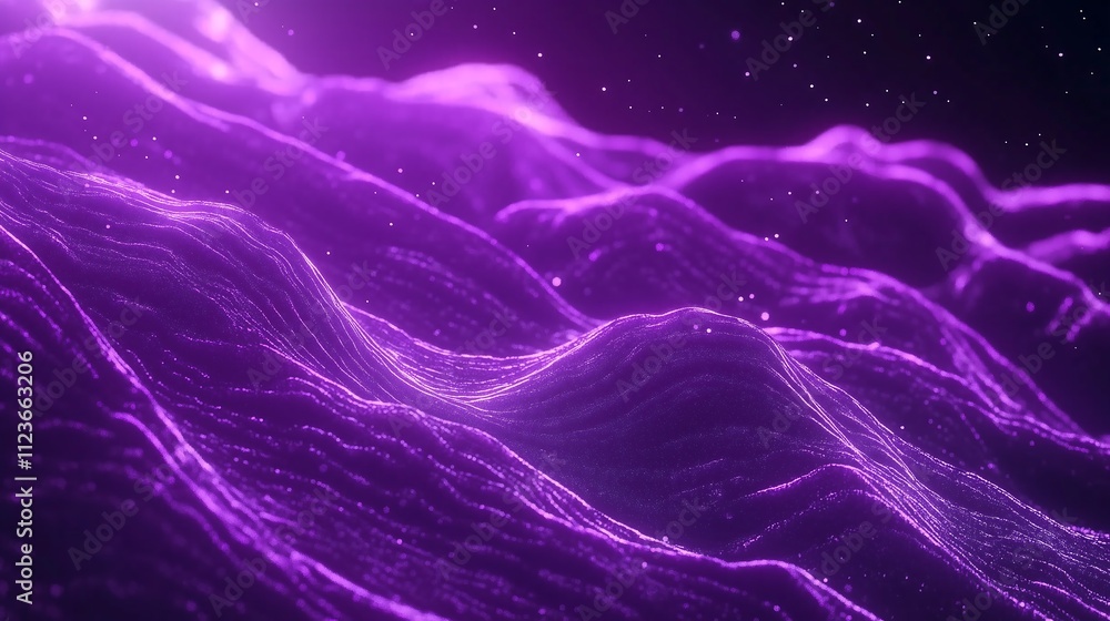 Wall mural abstract purple glowing waves with particle effect.