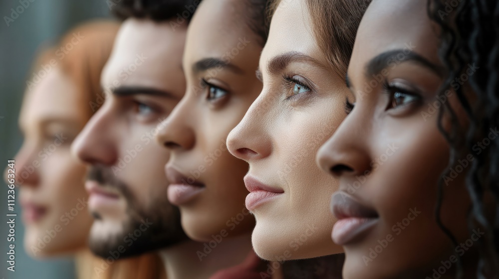 Poster profile of a multicultural group of people in focus, showing diversity and unity