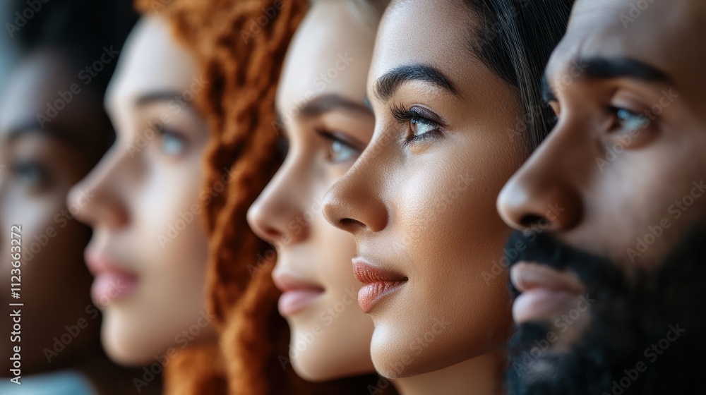 Poster profile of a multicultural group of people in focus, showing diversity and unity