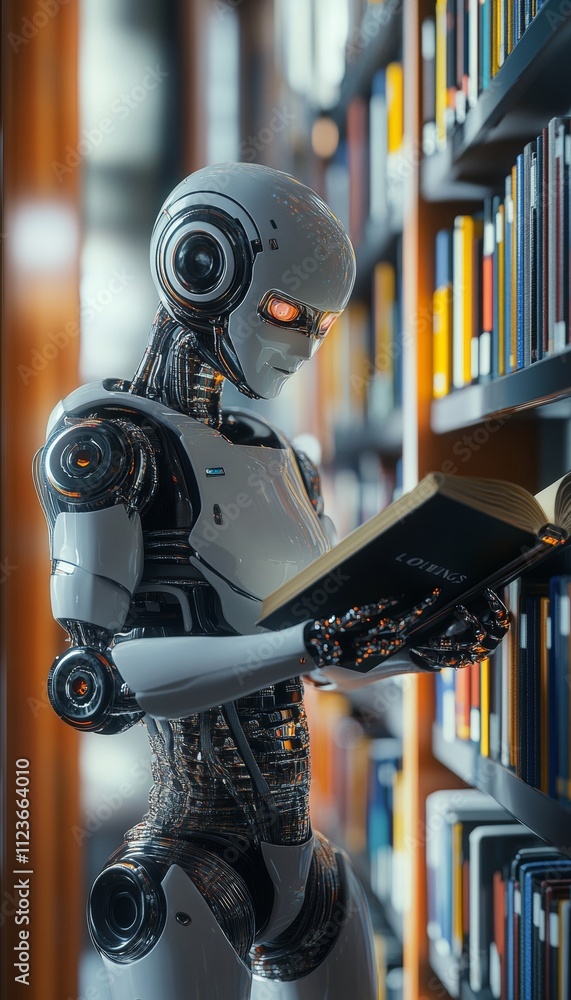 Poster futuristic robot reading in a colorful library symbolizing knowledge and tech in education