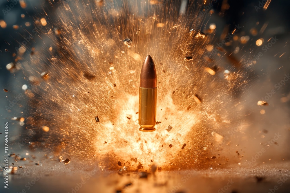 Poster dynamic image of a bullet in motion surrounded by flames and sparks, capturing intense action energy