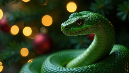 Fototapeta premium A snake coiled on fir tree branch against a bright lights background. Symbol of Eastern calendar. New Year party concept. Festive mood