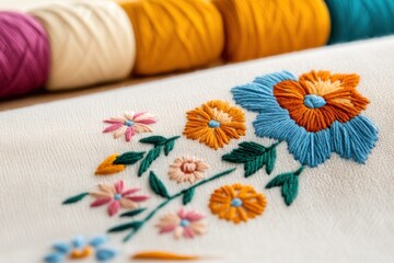 Vibrant Mexican embroidery supplies on a wooden table featuring colorful threads, needles, and a beautiful floral design in progress