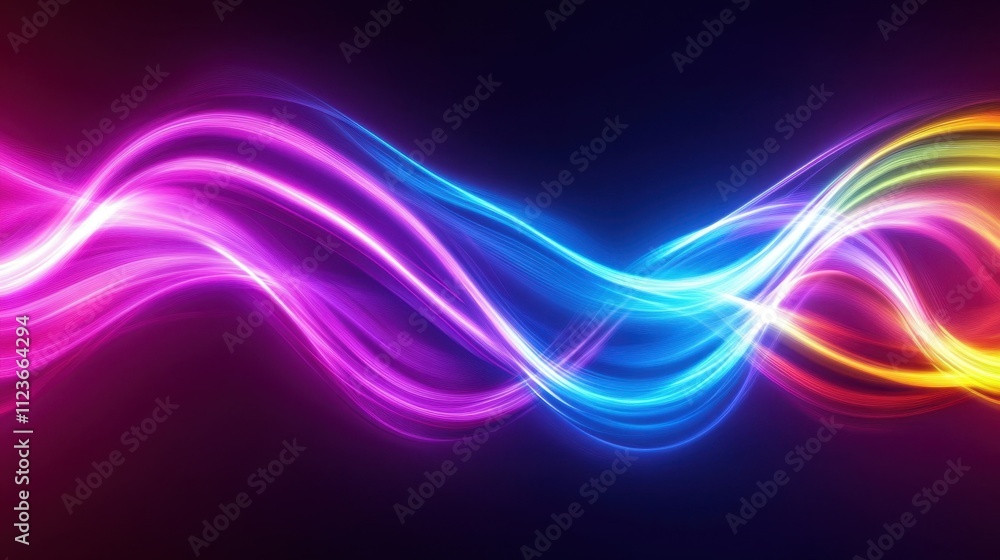Poster vibrant, abstract wave of light, flowing with a gradient of colors from pink to blue to yellow, crea