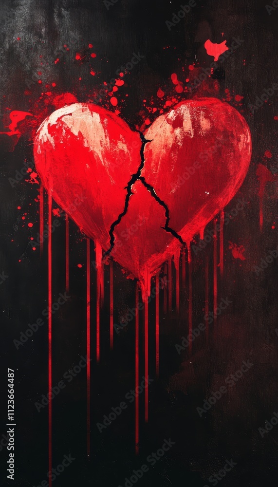 Poster artistic representation of a heart with a fractured center surrounded by red paint splashes