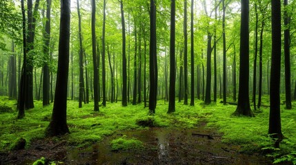 Obraz premium A dense, lush forest with tall trees and a carpet of vibrant green moss covers the ground