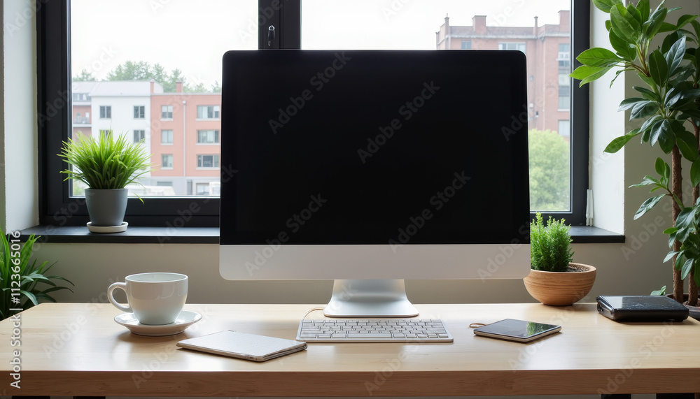 Poster a minimalist workspace with a sleek computer and plants enhances productivity and creativity in a br
