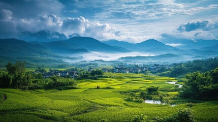 Serene mountain valley landscape with rice paddies, river, and village under a cloudy sky.