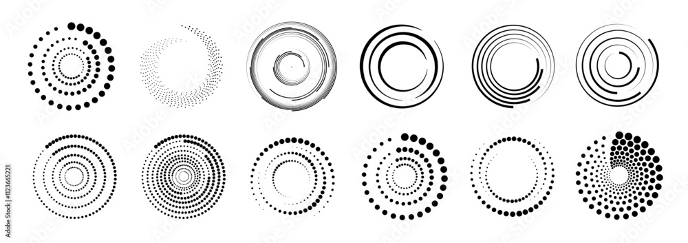 Wall mural halftone circular dotted frames set. set of black thick halftone dotted speed lines. speed lines in 