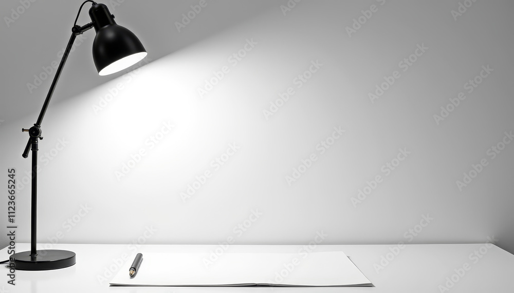 Poster creative workspace with a sleek lamp casting light over a blank sheet of paper ready for inspiration