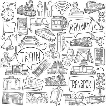 Railway Doodle Icons Black and White Line Art. Train Clipart Hand Drawn Symbol Design.