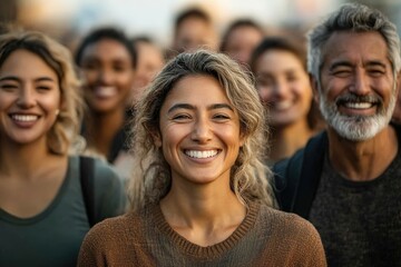 Obraz premium group of people from different cultural backgrounds smiles while standing together outdoors surrounded by soft light