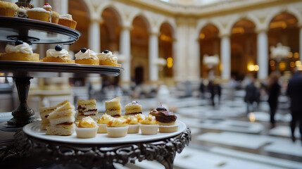 A five-star hotels afternoon tea served in an ornate atrium featuring a tiered tray of desserts and finger sandwiches.