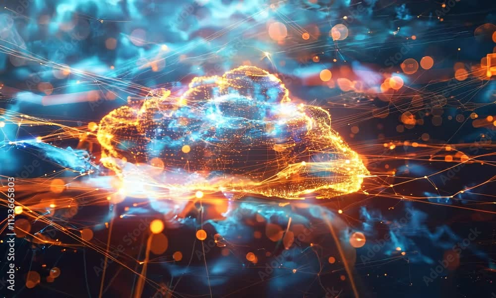 Poster digital transformation concept with illuminated cloud computing icon on blue background